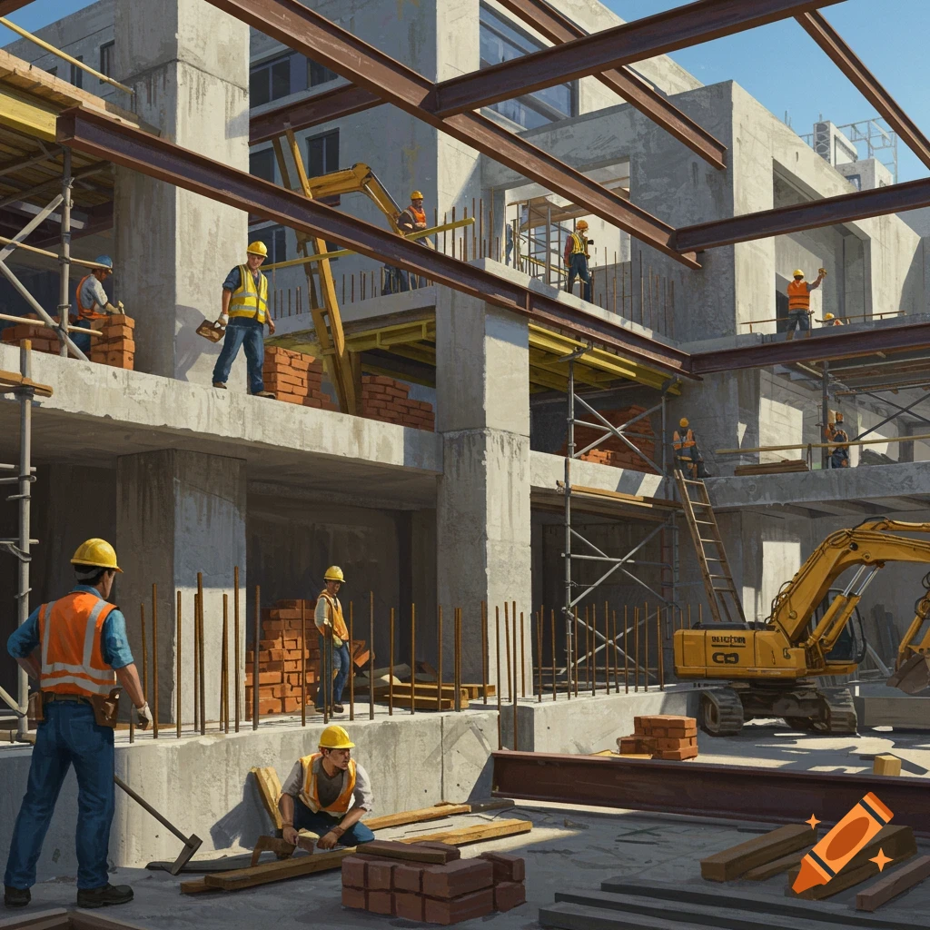 Construction workers building a structure with steel beams, scaffolding, and an excavator.