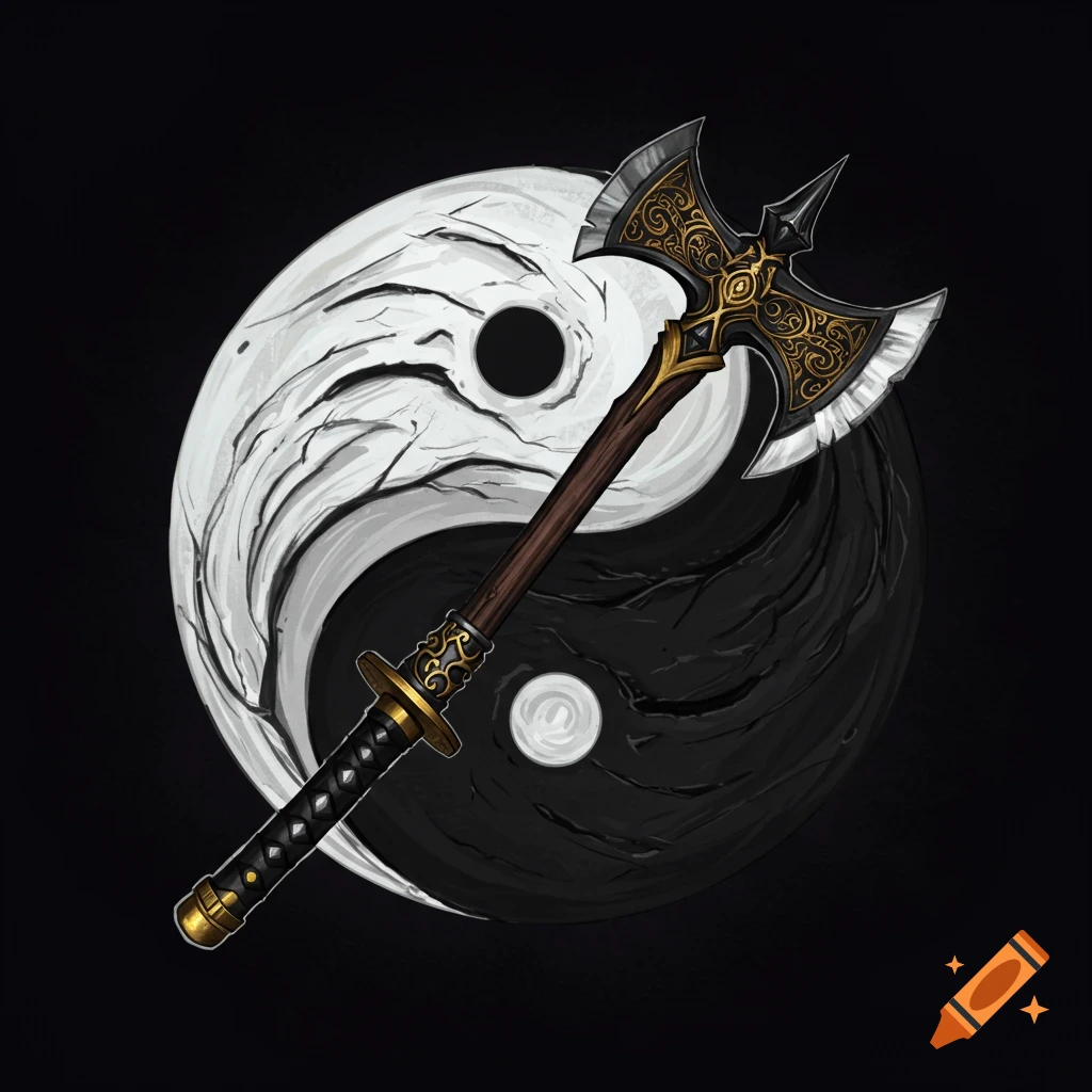 A double-headed axe and a sword handle are crossed over a textured black and white Yin Yang symbol.