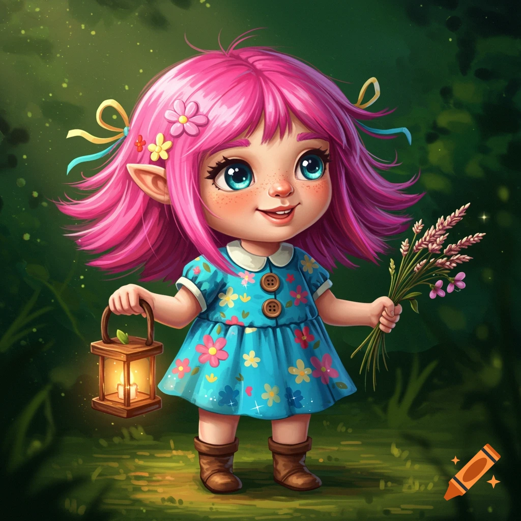 Cute stylized fantasy girl with pink hair and elf ears holds a lantern and flowers in a forest.