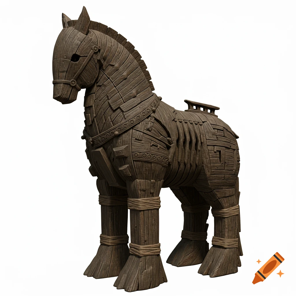 A large wooden sculpture of a Trojan horse.