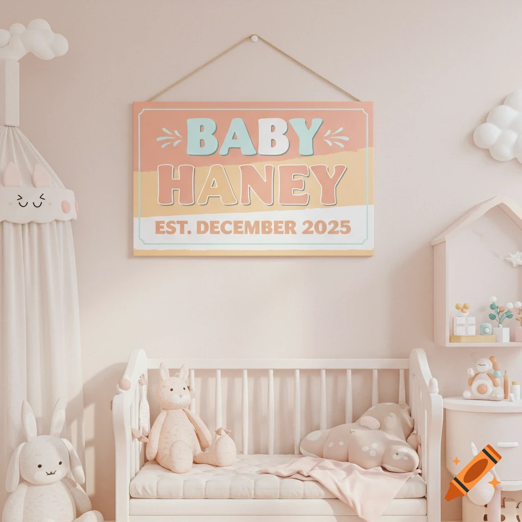 A sign reading 'Baby Haney Est. December 2025' hangs above a crib in a baby nursery.