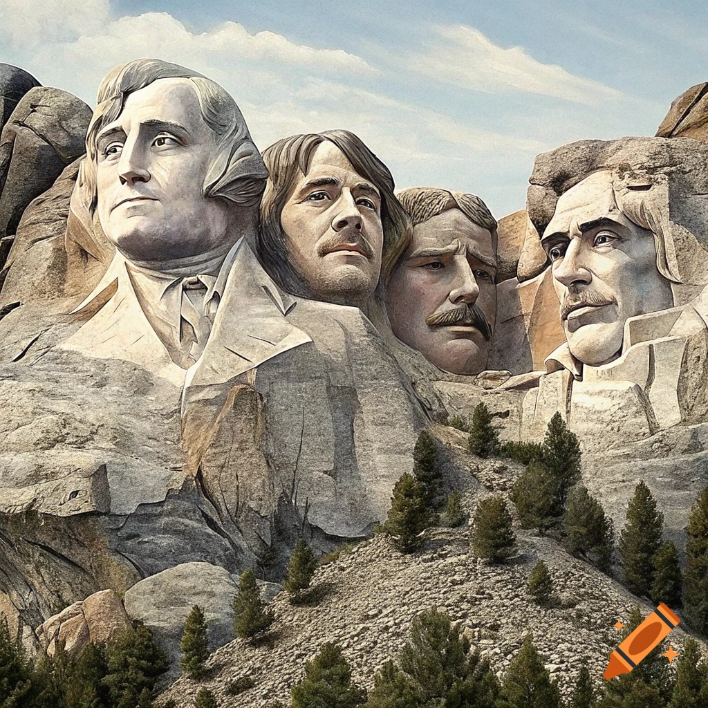 Mount Rushmore with alternative faces carved into the rock.