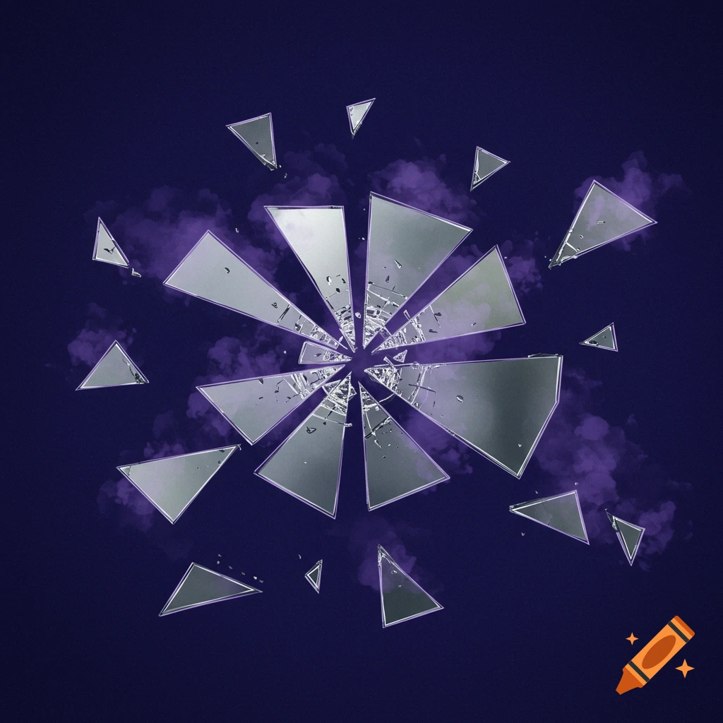 Abstract image of shattered silver mirror pieces and purple smoke on a dark blue background.