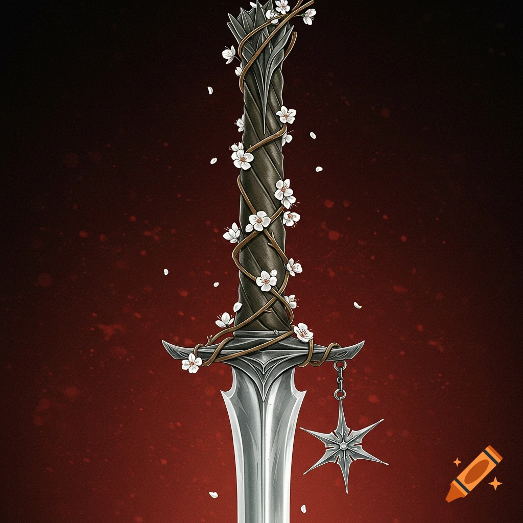 A close-up of a fantasy sword handle wrapped in branches with white flowers and a star charm, against a red background.