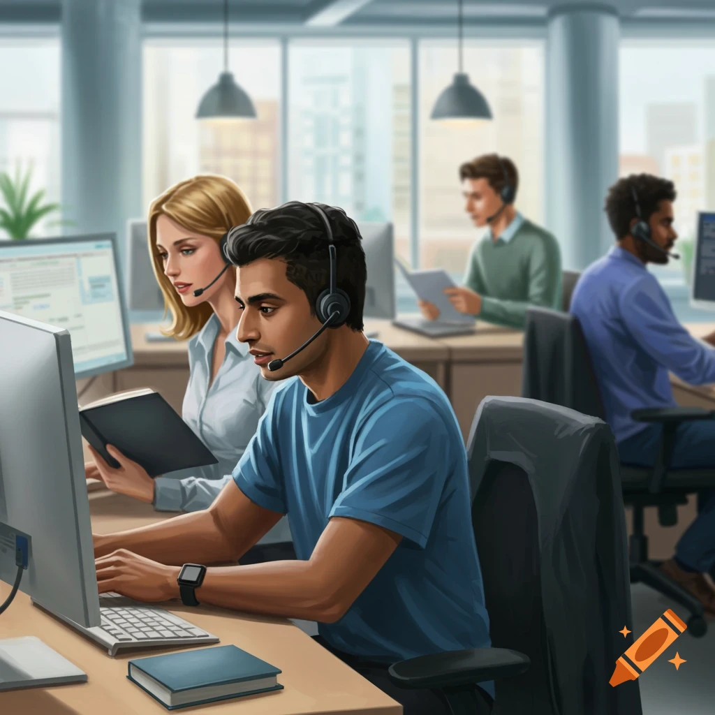 People wearing headsets work at computers in a modern office setting.