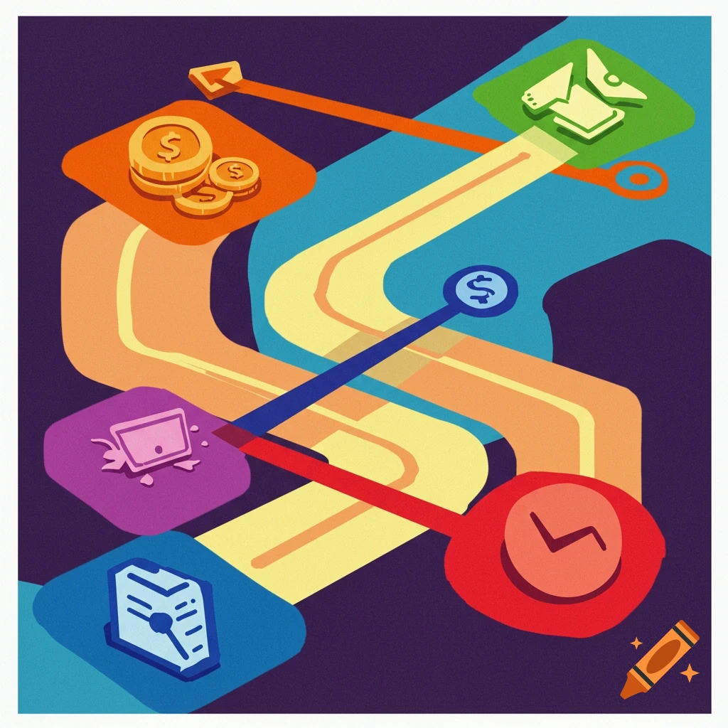 Abstract illustration of a process flow with symbols for money, data, and time