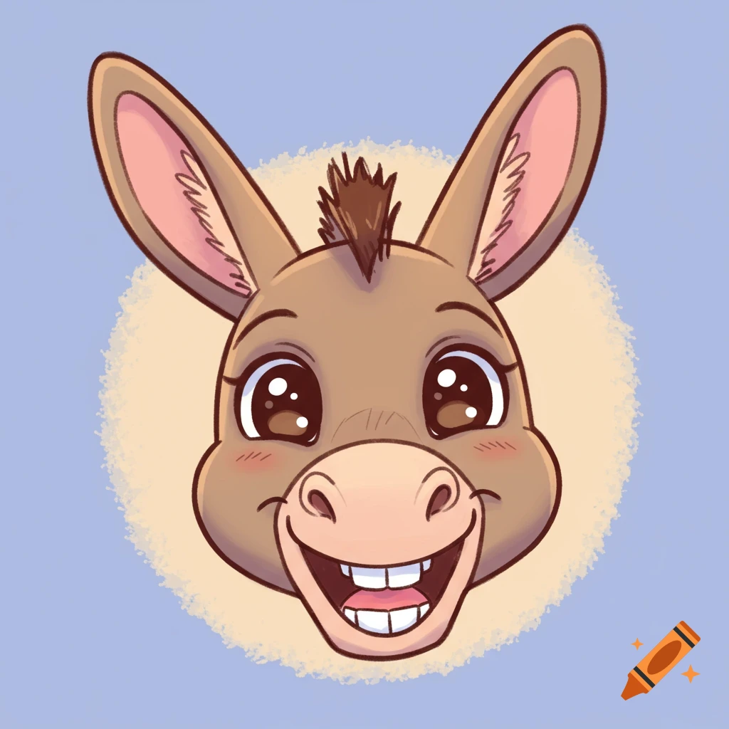 A cute cartoon drawing of a donkey head with big eyes and a big smile against a circular background.