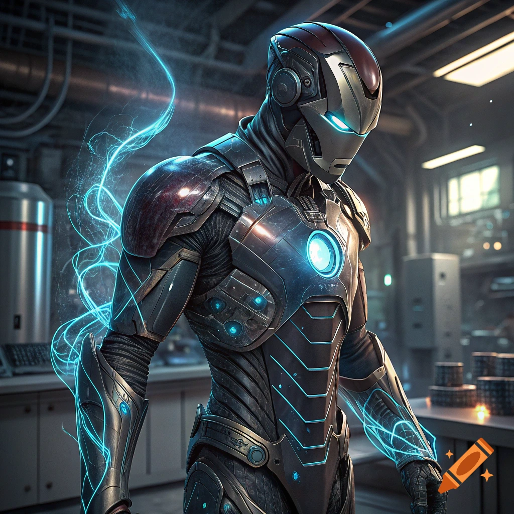 Futuristic armored suit with glowing blue energy in a lab.