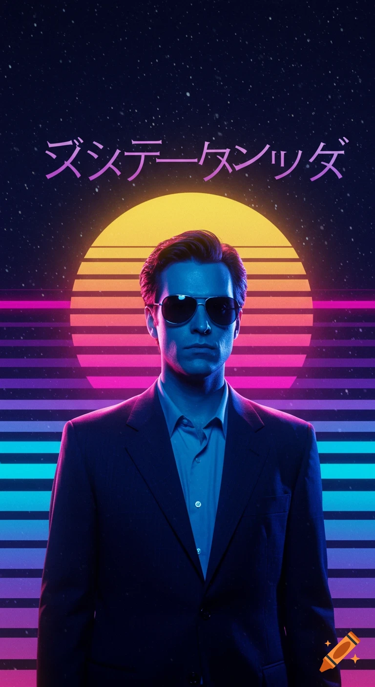 Man in suit and sunglasses against a synthwave sunset background with pink and purple lines and Japanese text.