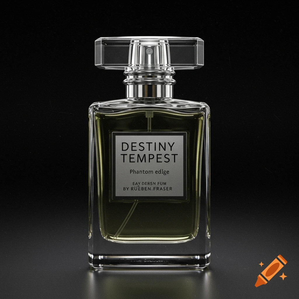 A realistic photo of a clear glass perfume bottle with green liquid and a silver cap on a black background.
