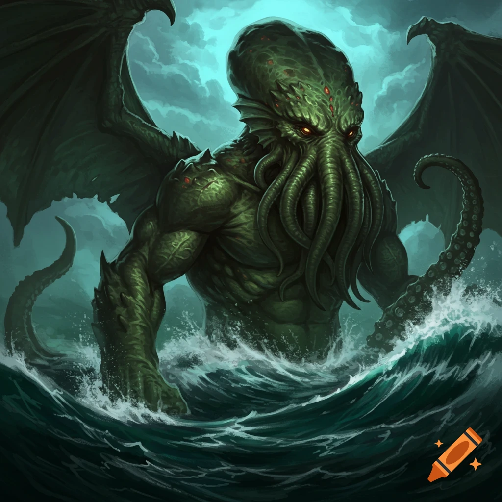 An illustration of the monster Cthulhu rising from the ocean waves.