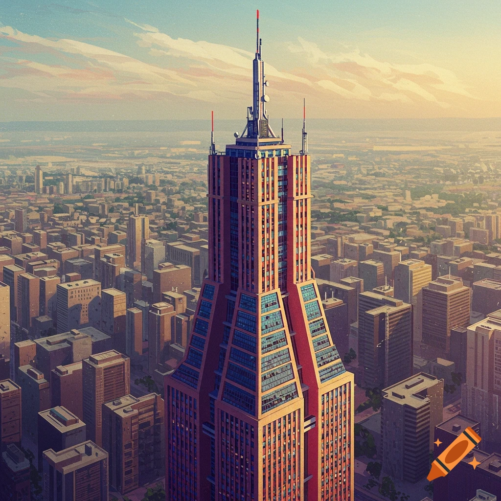 An aerial view of a tall, modern red and gold skyscraper towering over a city skyline.
