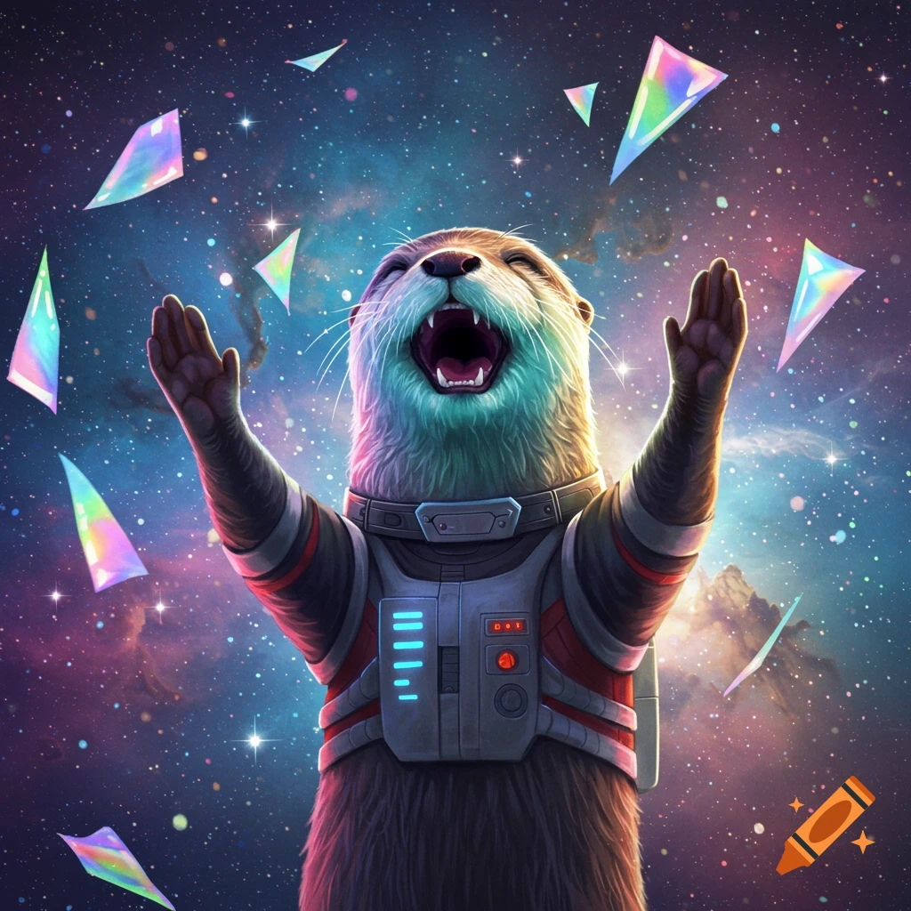 Science fiction otter in space suit cheering among sparkling confetti.