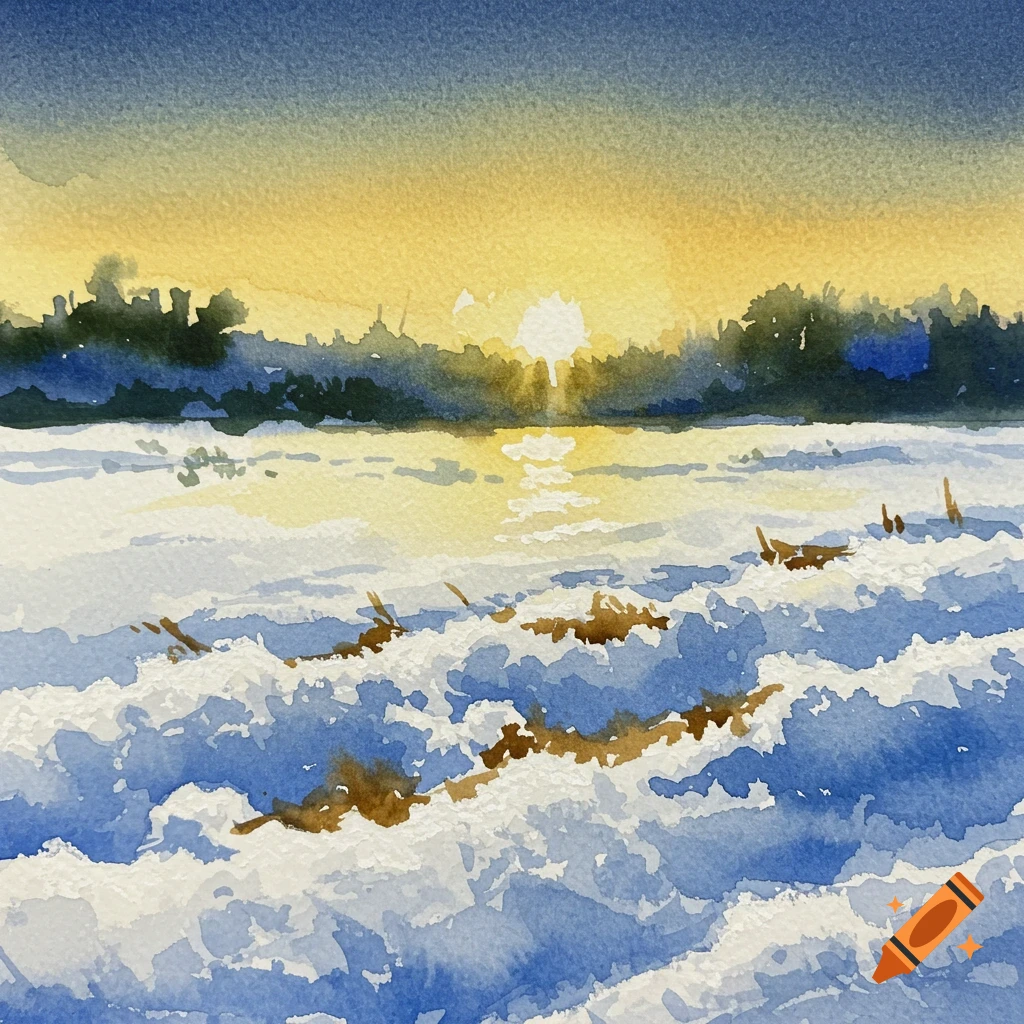 Watercolor painting of a snowy landscape at sunset with sun rays.