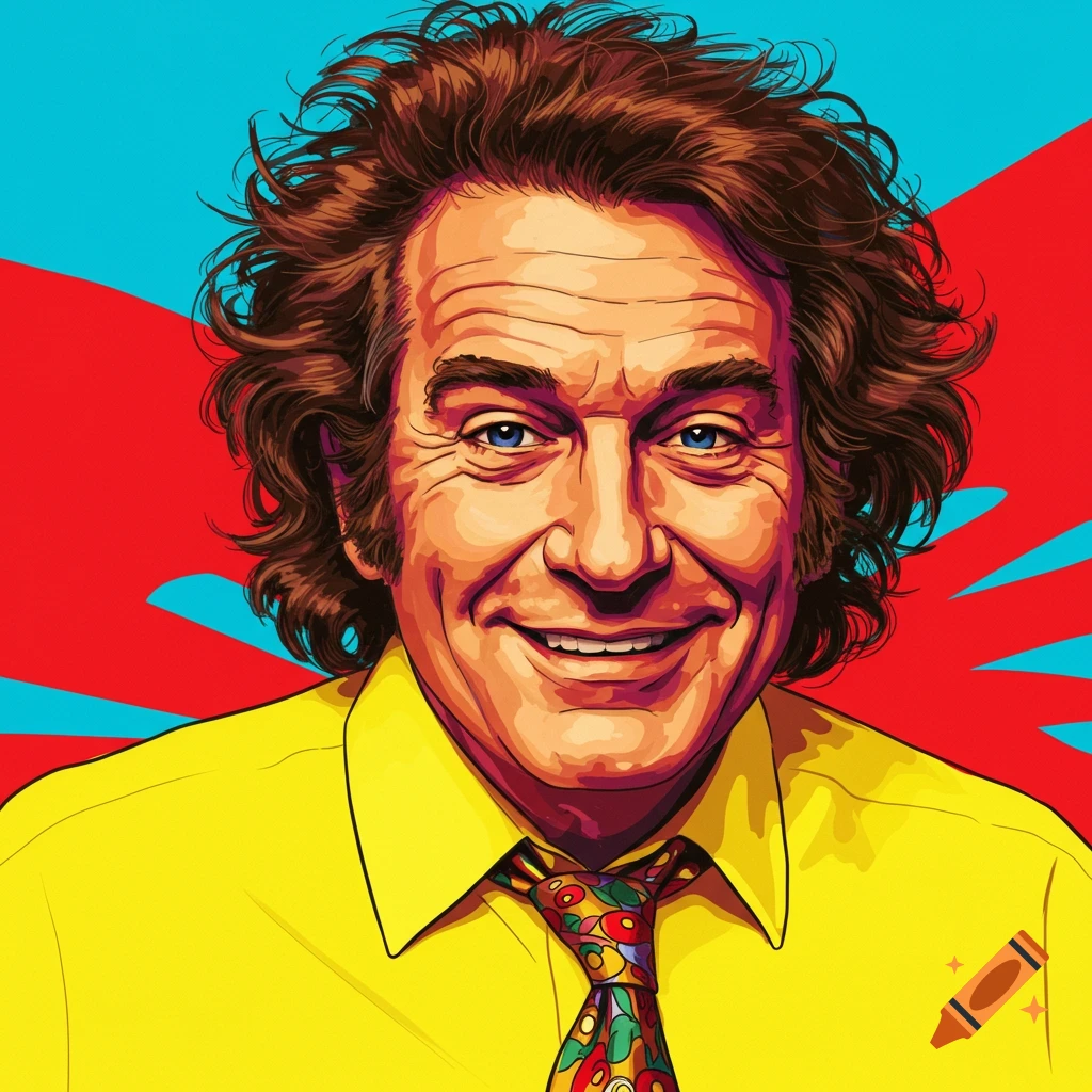 Stylized illustration of a man with curly hair wearing a yellow shirt and colorful tie, smiling against a red and blue background.