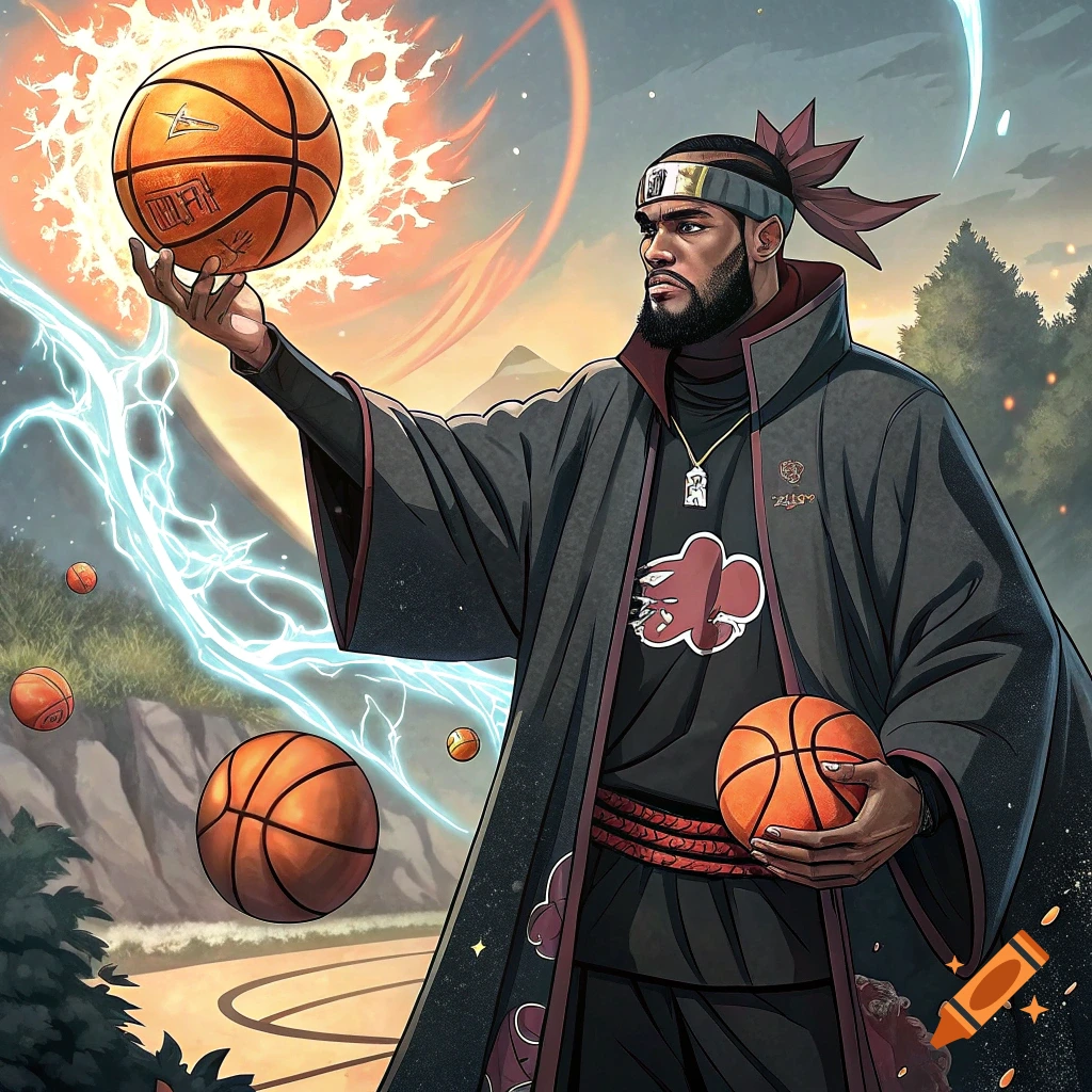 Anime illustration of a man in a black robe and headband holding a glowing basketball, with lightning and other basketballs.