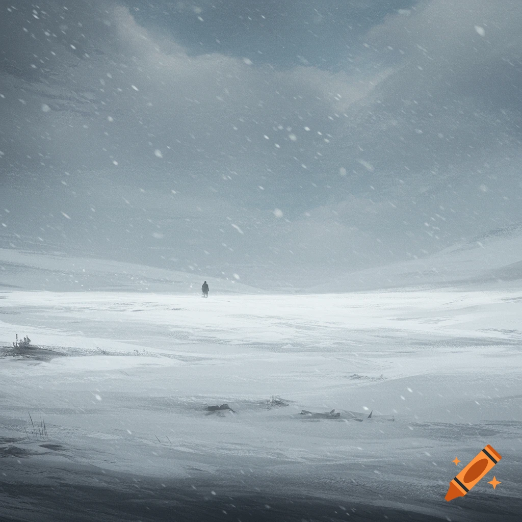 A lone figure walks through a desolate, snowy landscape during a blizzard.