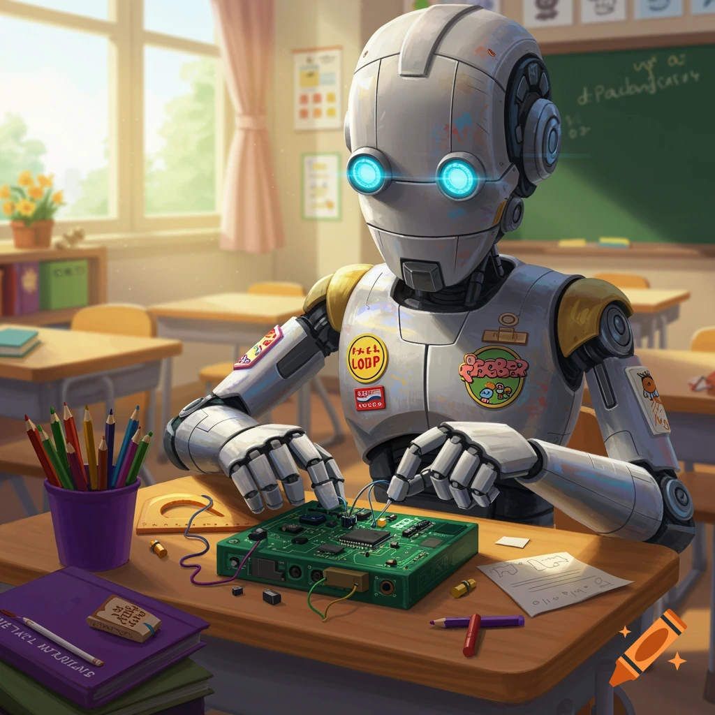 A robot sits at a desk in a classroom, working on a circuit board.