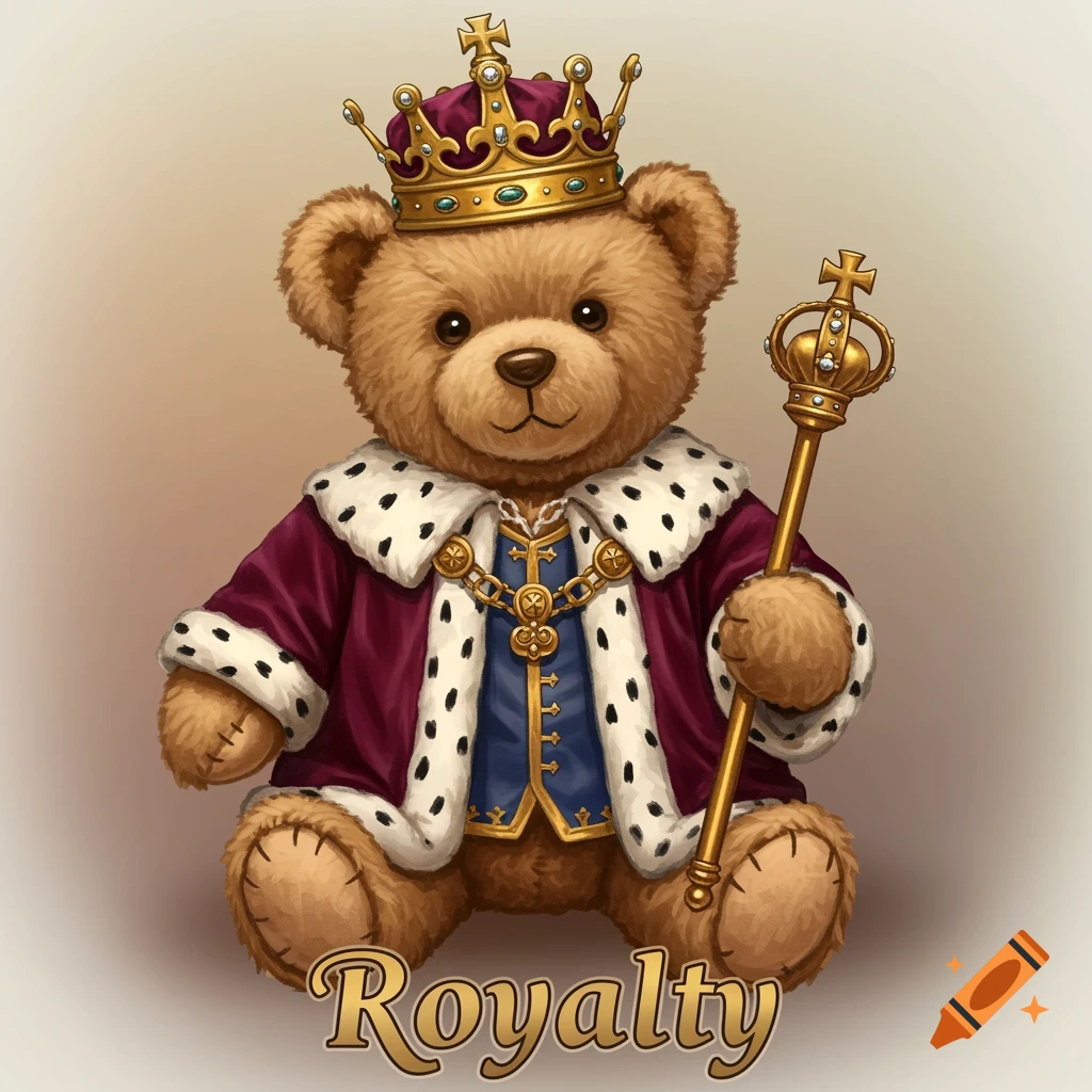 A teddy bear wearing a purple and gold crown and robe, holding a scepter, with the word Royalty below.
