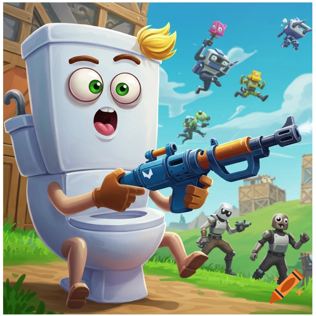Cartoon toilet character with a gun in a video game battle scene.