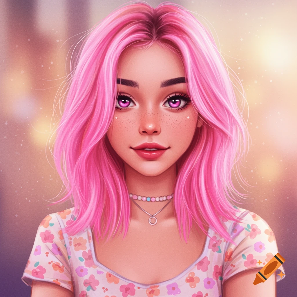 Illustration of a cute girl with pink hair, freckles, and purple eyes wearing a floral shirt.