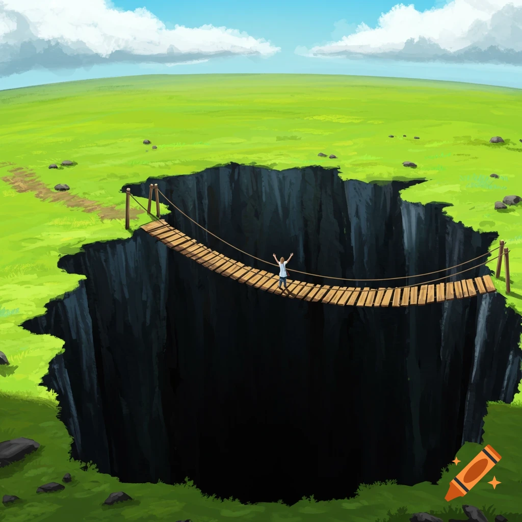 A lone person stands on a wooden bridge spanning a deep, dark chasm in a bright green landscape under a blue sky with clouds.