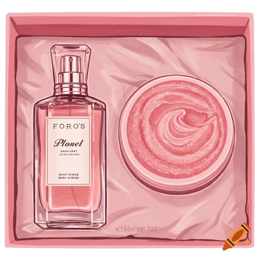 Illustrated pink cosmetic gift set with bottle and scrub jar