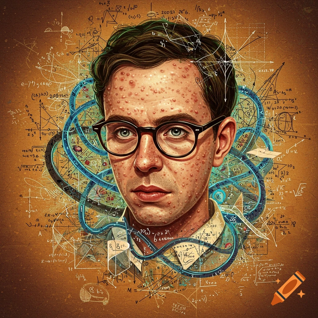 Illustration of a man with acne and glasses surrounded by mathematical equations.