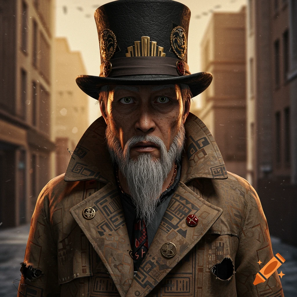 Portrait of a man with a long beard in a decorated top hat and patterned trenchcoat on a street.