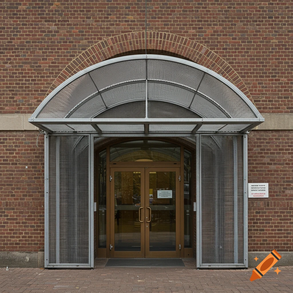 A brick building entrance with a metal mesh covering and brown glass doors.
