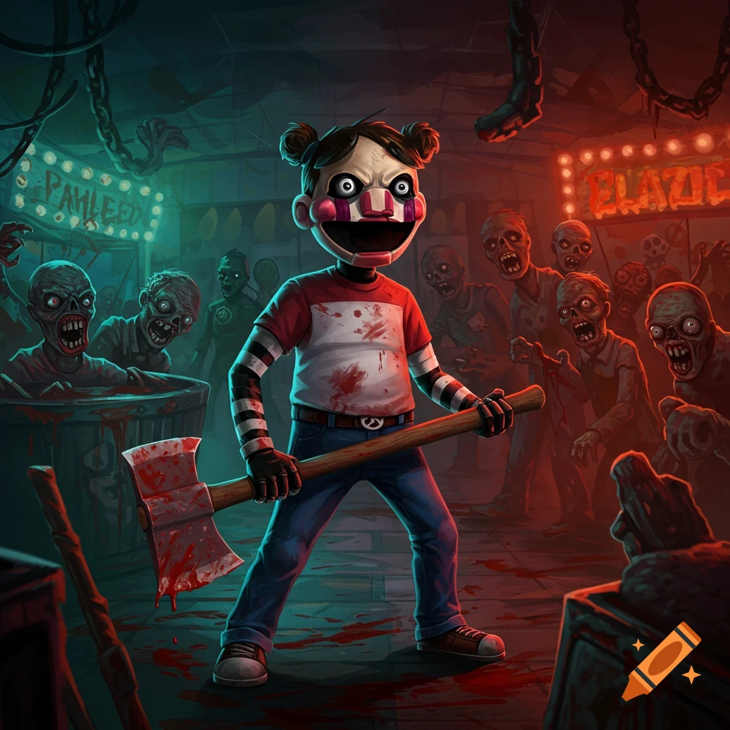 Cartoonish creepy puppet child with an axe faces a horde of zombies in a bloody room.