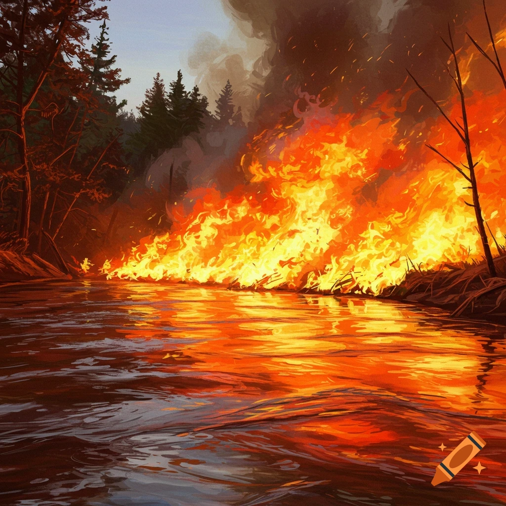 A river reflecting a large fire burning along its bank at dusk.