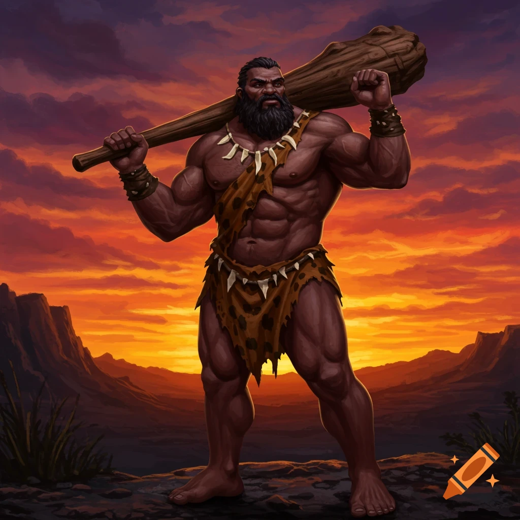 Muscular caveman holding a club over his shoulder against a sunset sky.