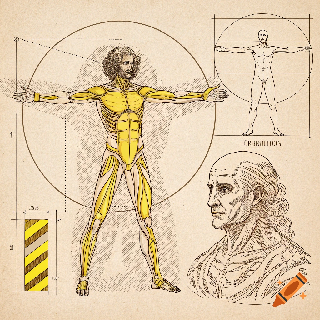 Drawing in the style of Leonardo da Vinci's Vitruvian Man with muscular anatomy, diagrams, and a head study.