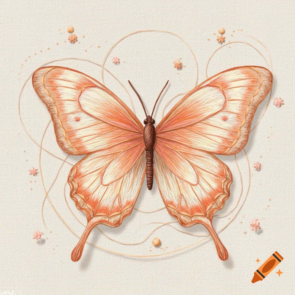 An embroidered butterfly illustration with peach and cream wings on a textured background.