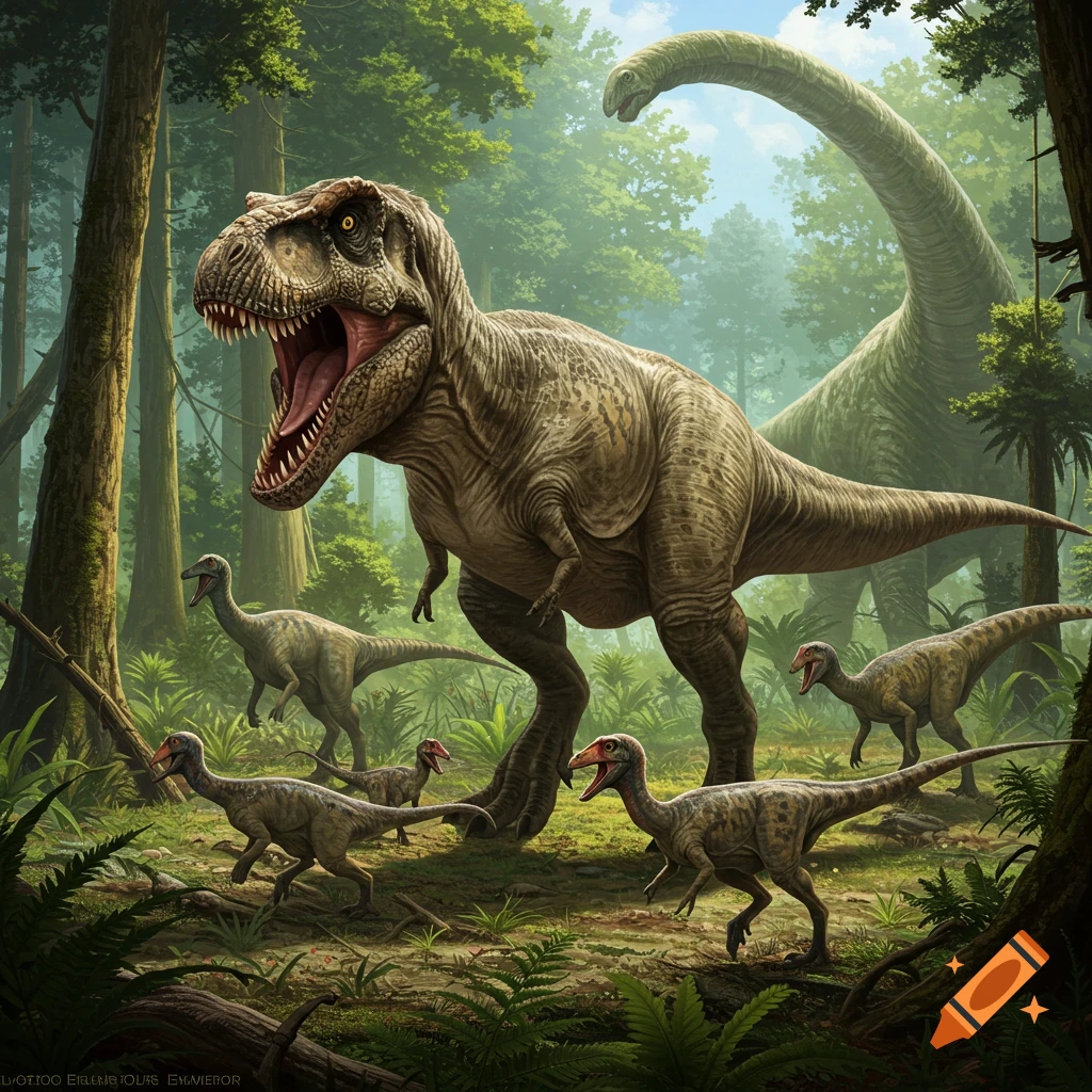 A realistic illustration of a large T-Rex and smaller dinosaurs in a prehistoric jungle.