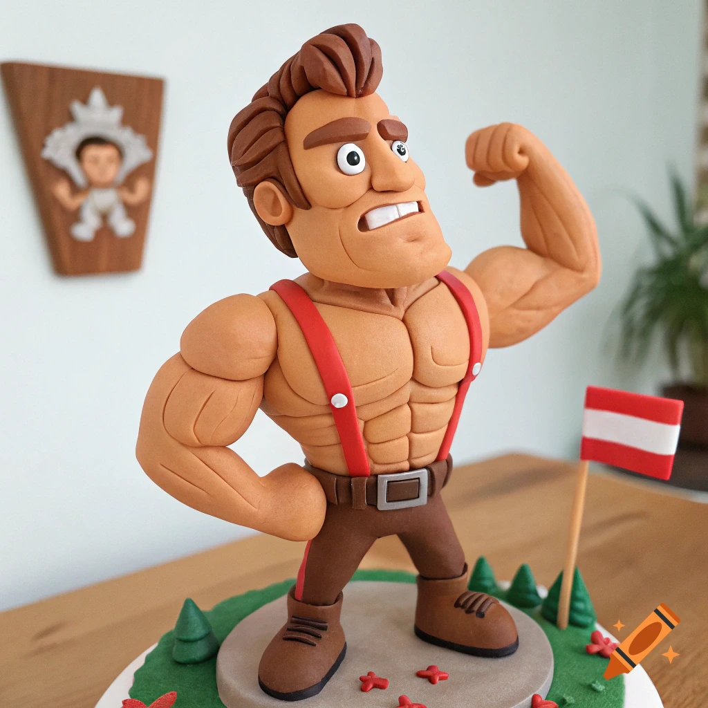 Claymation figurine of Arnold Schwarzenegger flexing his bicep, standing on a base with an Austrian flag.