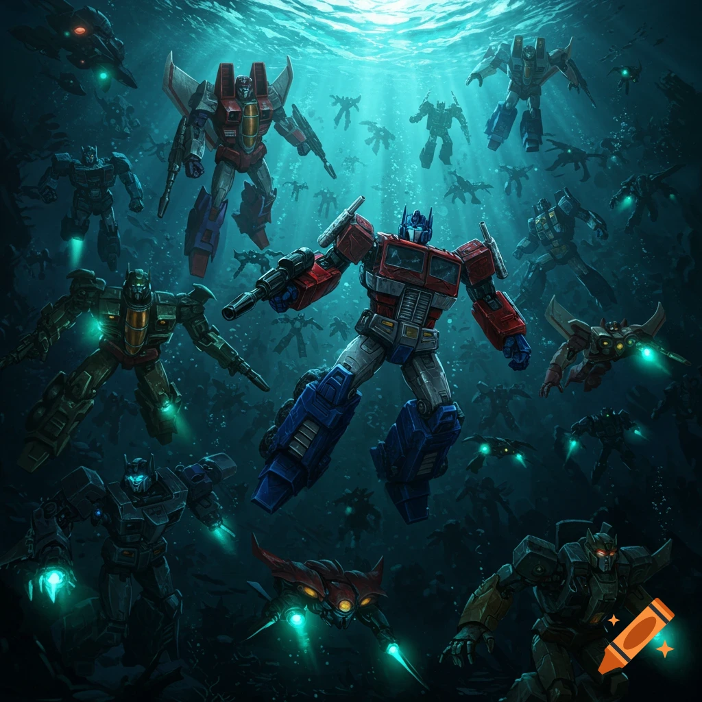 Optimus Prime, Starscream, and many other Transformers robots swim underwater.