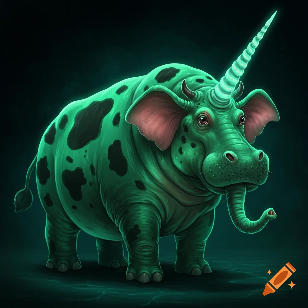 Illustration of a green creature with hippo body, elephant trunk, cow face, spots, elephant ears, and glowing unicorn horn.
