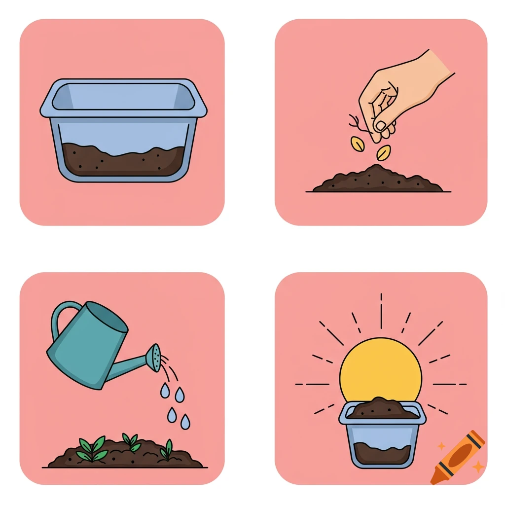 Four clip art panels showing planting steps: container with soil, planting seeds, watering plants, plants in sun.