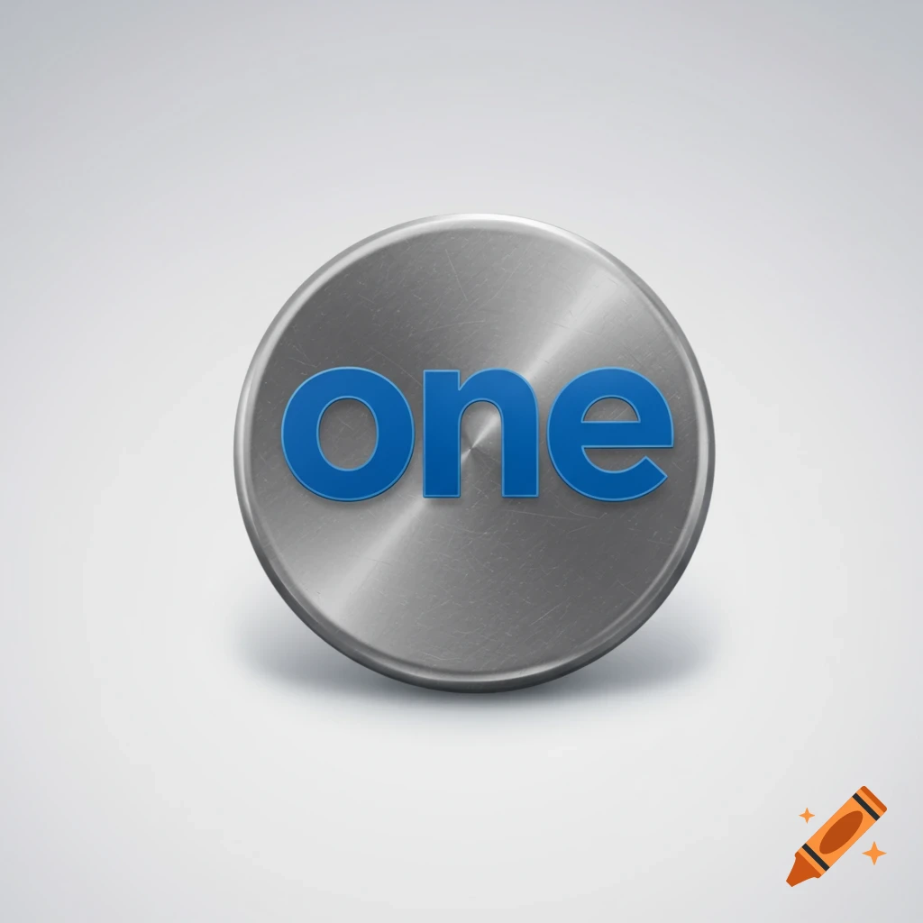 A shiny metallic lapel pin with the blue word 'one' on it.