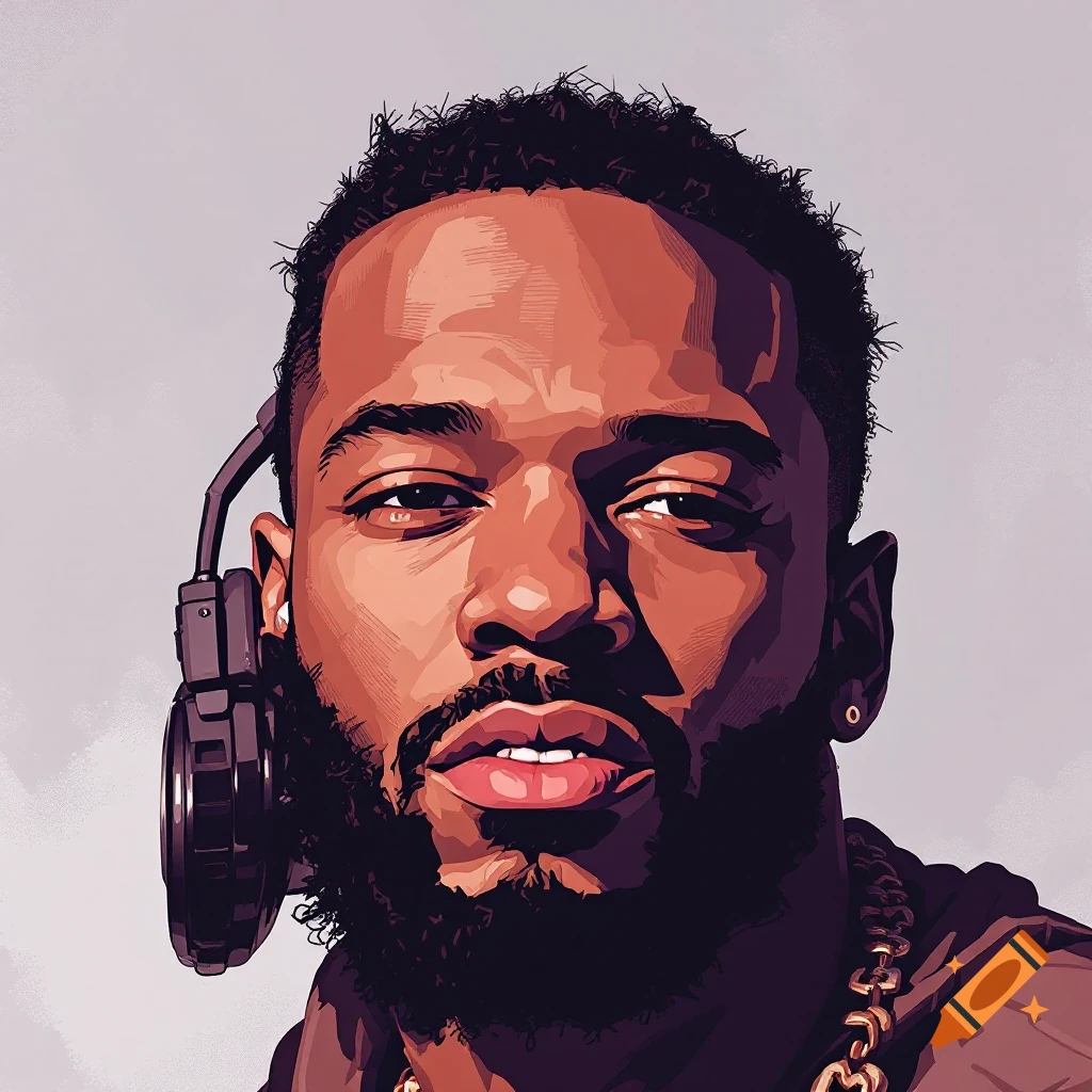 Stylized portrait of a man with headphones and a beard.