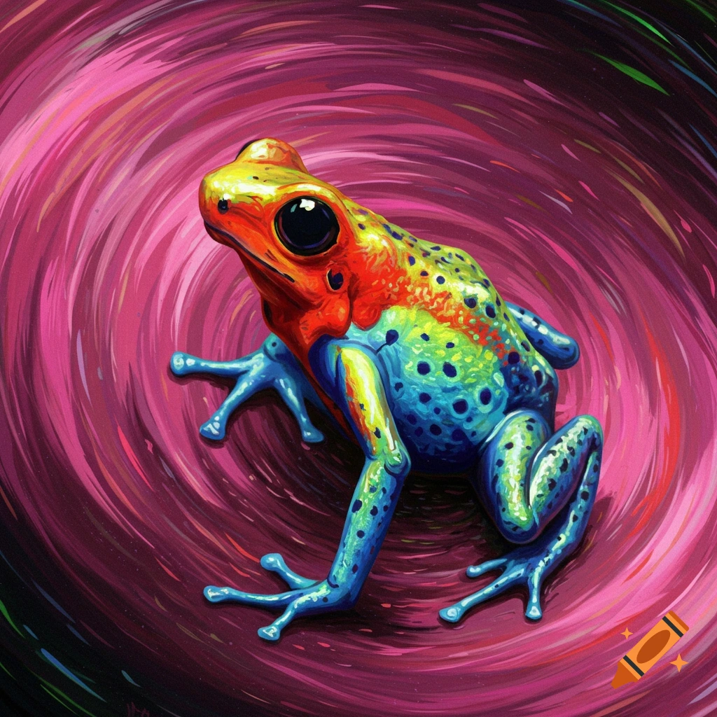 A colorful poison dart frog in an illustration style on a swirly pink background.