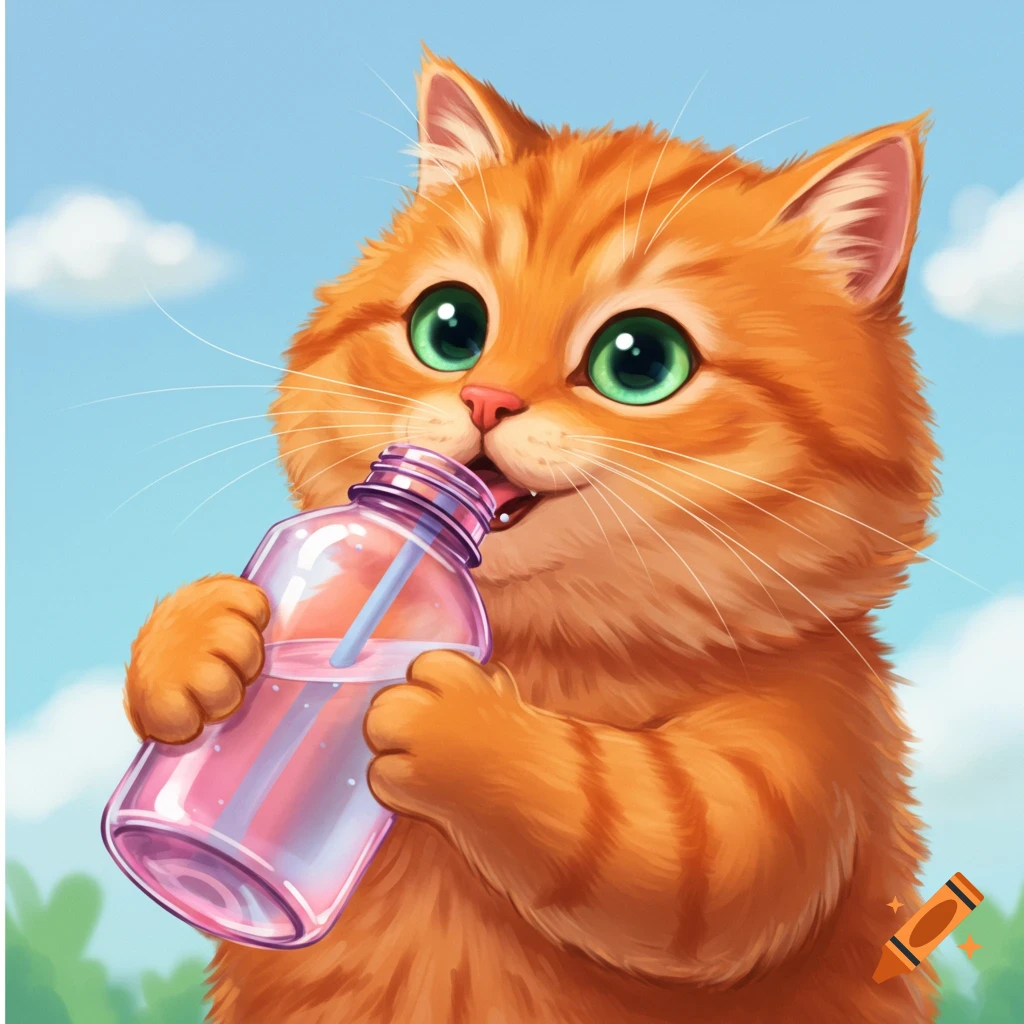 A cute orange cartoon cat with big green eyes holds a pink bottle and drinks from a straw.