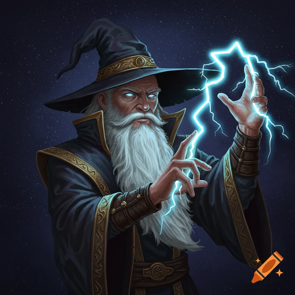 A fantasy illustration of a wizard casting lightning from his fingertips.