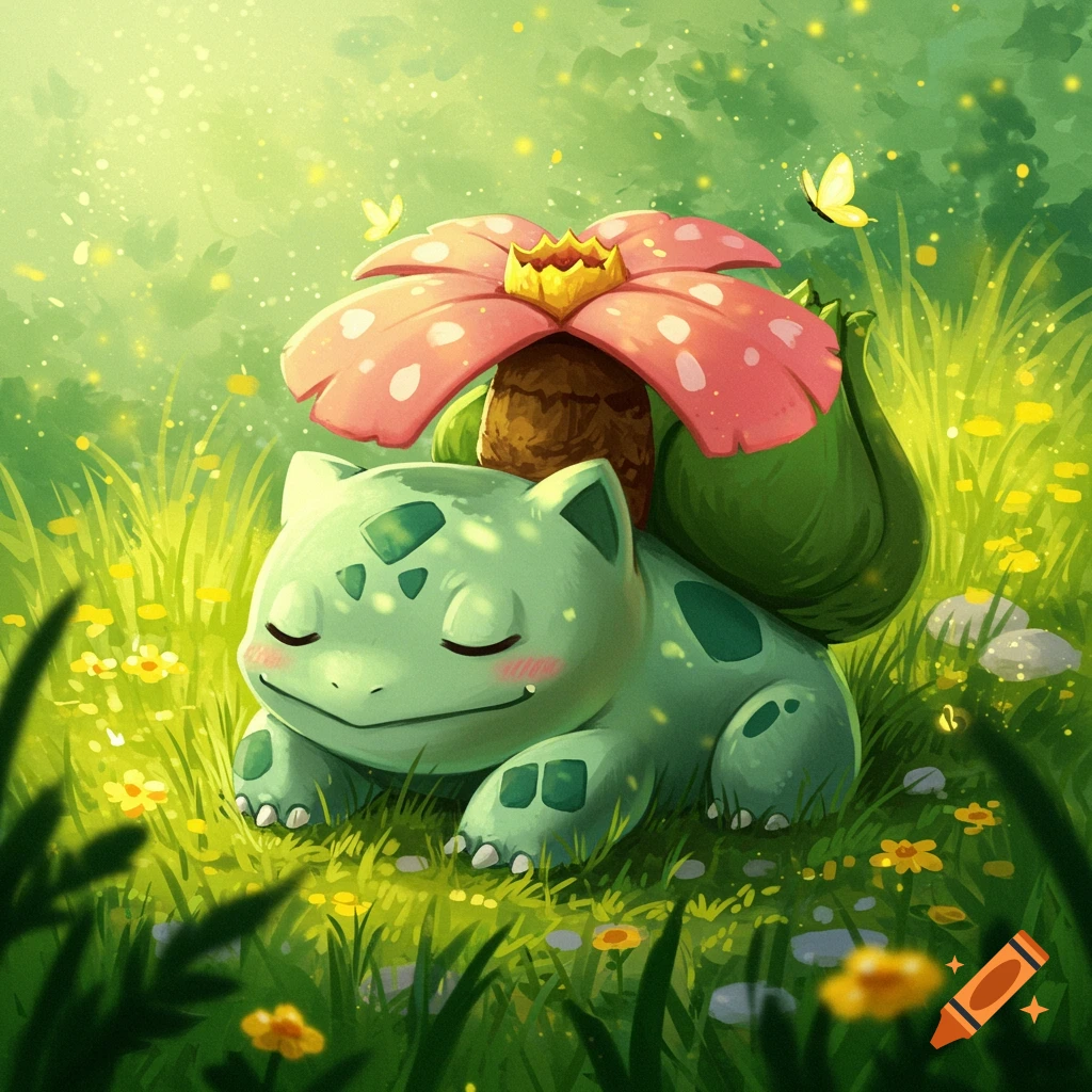 A cute Bulbasaur sleeps in a sunlit grassy field, with a large pink flower blooming on its back.