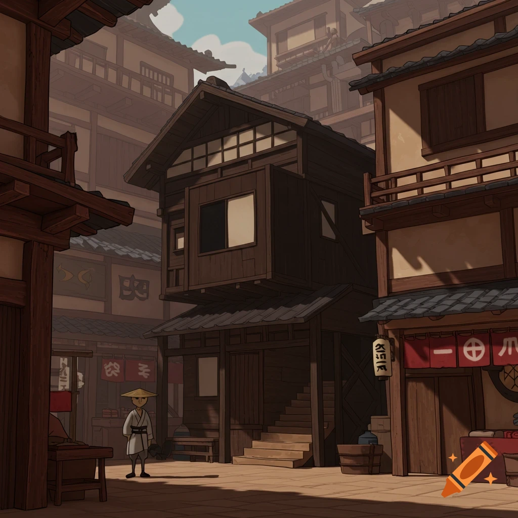 Stylized anime town street with wooden buildings and a figure.