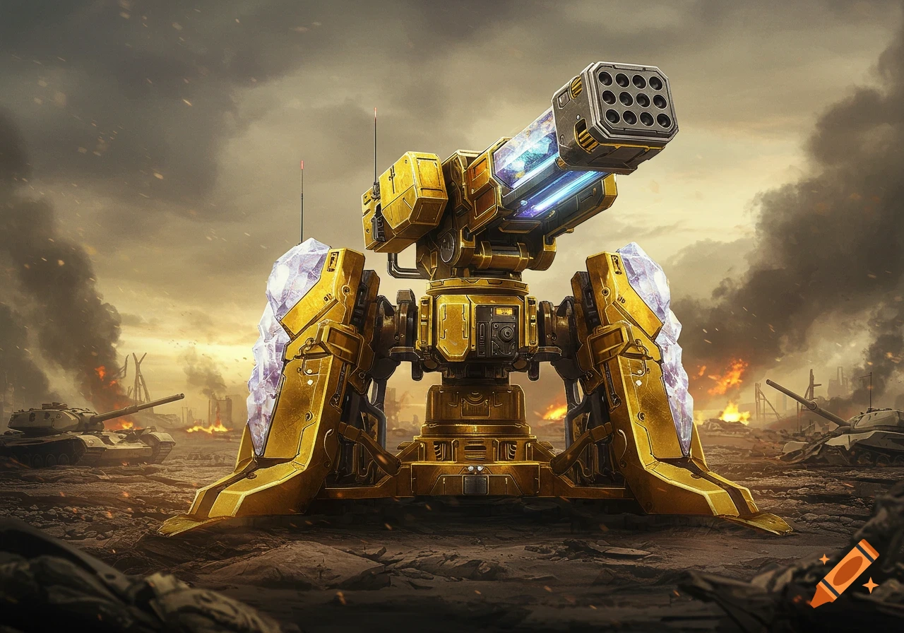 A large gold sentry gun with crystal armor and a missile launcher sits in a smoky battlefield with burning buildings and destroyed tanks.