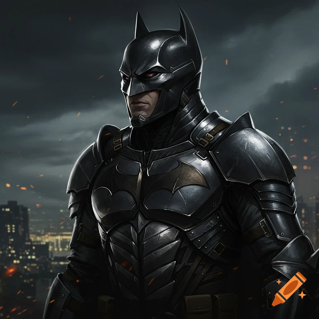 An illustration of Batman in a detailed armored suit standing against a dark city skyline.