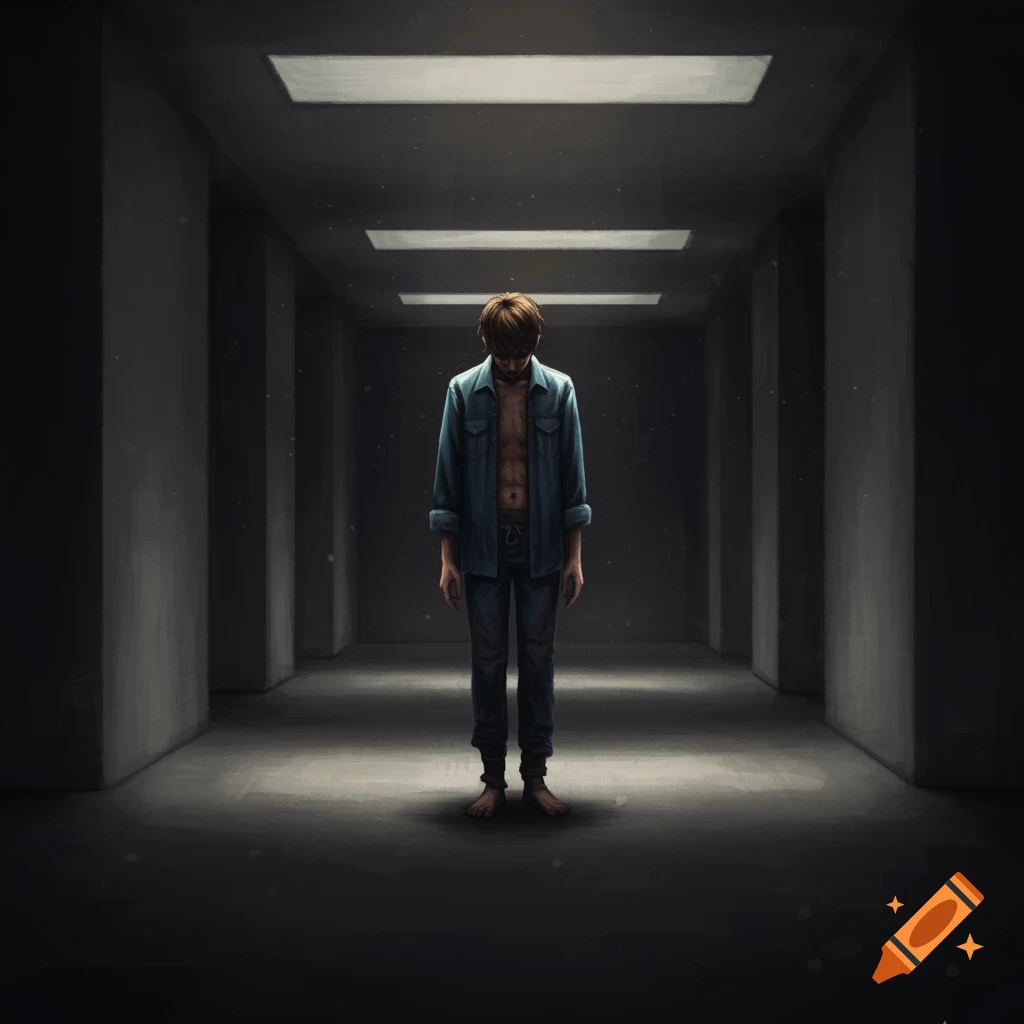 A solitary person standing in a dark, empty corridor with an open shirt, looking down.